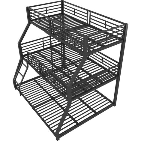 Dreifach-Etagenbett 3 Plätze mit 2 Leitern und Schutzgittern, 90×200 cm, ohne Matratze, Metall, Schwarz (1/5)
