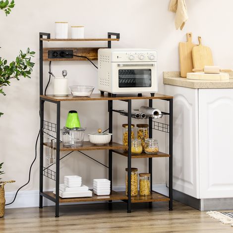 Küchenregal für Mikrowelle mit Steckdose, USB-Ladeanschluss, 5 Haken, 90 x 42 x 130 cm, Rustikales Braun