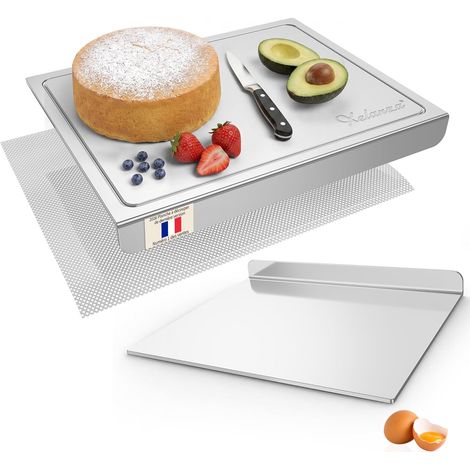 2026 Nouvelles planches de découpe en acier inoxydable,planche à pétrir en métal avec rainures à jus,planches à découpe avec bord d'arrêt pour la pâtisserie,planche à découper de comptoir (50X40CM) (1/5)
