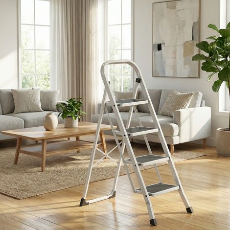 Escabeau Pliant 4 Marches, Marchepied Compact avec Verrou de Sécurité, pour Maison, Charge 150 kg, Blanc (1/5)