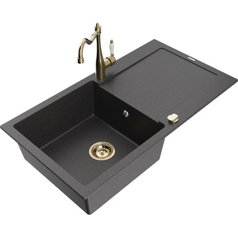 Mexen Leo 1 Becken-Granitspüle mit Abtropffläche und Mischbatterie Carla, Schwarz gesprenkelt - 6501 (1/5)