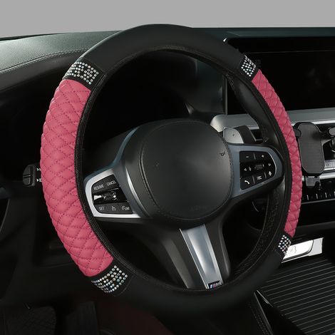 Funda universal para volante de coche, sin aro interior de piel bordada, 37-38 cm, piel sintética, antideslizante, transpirable, protector para volante de coche (rosa) (1/5)