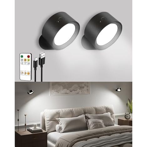 Applique murale LED sans fil rechargeable, Lampe de chevet tactile, 3 températures de couleur, télécommande et contrôle tactile, 360° pivotant, réglable, pour salon et chambre Noir