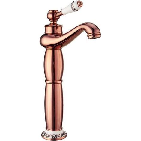 Robinet de salle de bain à col de cygne, poignée unique, montage sur comptoir, monotrou, convient aux lavabos, robinet d'eau chaude et froide (or rose). (1/4)