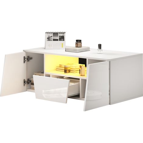 Table basse LED blanche 100 x 50 x 40 cm avec 2 placards, 1 tiroir et niche centrale, plateau et façades brillants, design irrégulier pour salon CHICFURN (1/5)