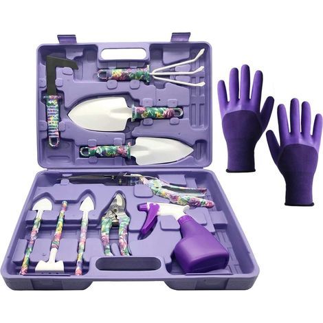 11-teiliges Gartengeräte-Set mit lila Griffen mit Blumenmuster: Schaber, Rechen, Unkrautstecher, Gartenschere, Sprühgerät, Tragetasche (1/5)