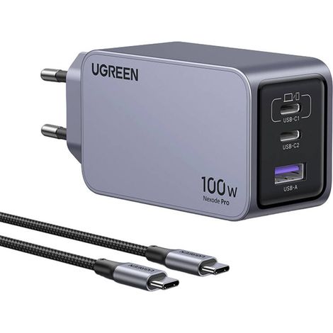 Ugreen Nexode Pro 100W Wandladegerät, GaN, USB + 2x USB-C (Grau) (1/5)