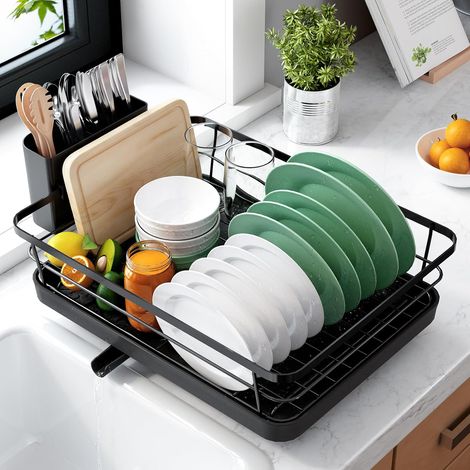 Egouttoir Vaisselle Cuisine - Egoutoire Compact et Gain de Place, Seche Vaisselle en Acier Inoxydable avec Porte-Couverts, 29,0 x 38,1 x 12,7 cm, Noir (1/5)