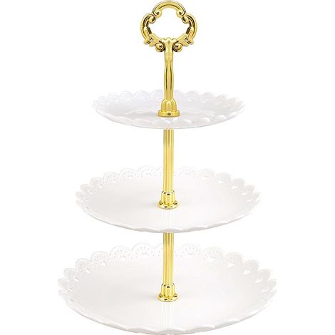 Alzata per torte bianca a 3 livelli con manico dorato per torte e dessert, in plastica (1/4)