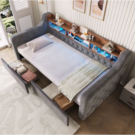 Letto imbottito con contenitore 90x190 cm grigio scuro con LED, USB e Type-C (1/5)