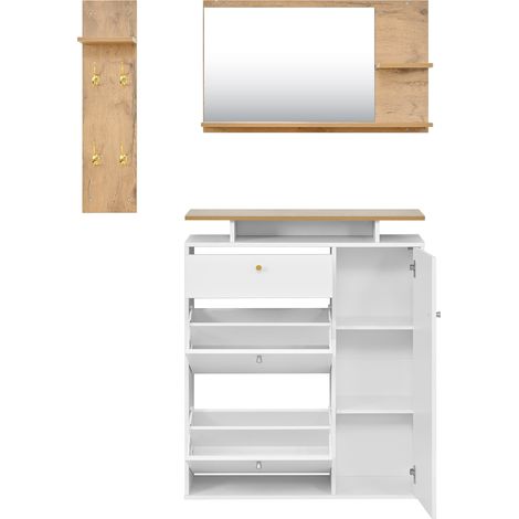 Set de entrada 3 piezas con espejo, perchero, zapatero LED blanco madera 105 x 25 x 151.5 cm (1/5)