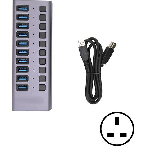 Hub USB 3.0 haute vitesse 10 ports, station d'accueil grise avec interrupteur indépendant, courant de sortie élevé pour Royaume-Uni (1/5)