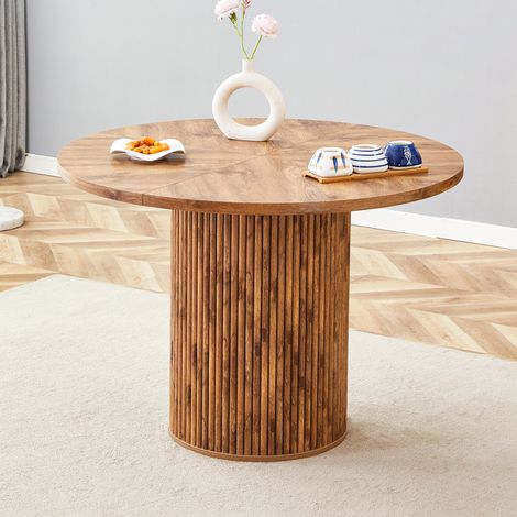 Table ronde MDF 100cm 4 à 6 personnes,plateau 4 segments aspect bois,pieds cylindriques support métallique et fixation Velcro style européen.