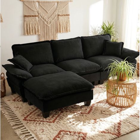 Canapé d'angle modulable L avec ottoman mobile, 264 x 155 x 90 cm, chenille noire HAVRYA (1/5)