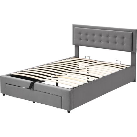 Cama tapizada 140 x 190 cm en terciopelo gris con somier, cabecero y almacenaje (1/5)