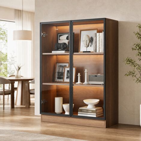 Vetrina in vetro e truciolare noce naturale 80 x 30 x 106 cm con 2 ante, luce LED e 3 livelli (1/5)