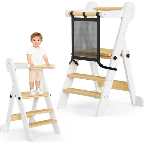 Tour d'apprentissage Pliable Réglable en Hauteur sur 2 étages avec Sac en Filet,Tour d Observation Enfant de 1 à 6 Ans pour Enfants Learning Bois Naturel Kitchen Helper (1/5)