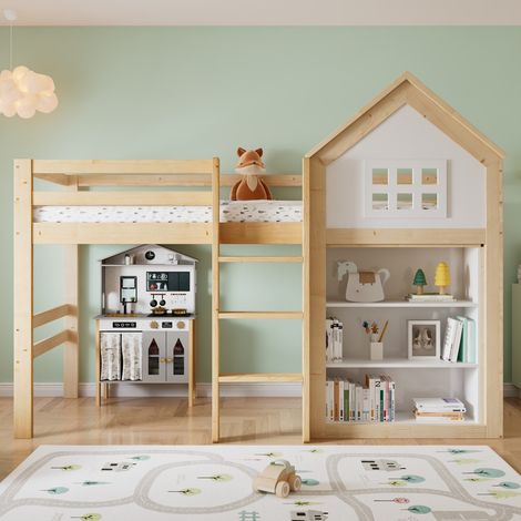 Lit mezzanine 90x200 cm - Lit enfant Design cabane avec escalier, tiroirs et étagères - Bois de pin - Blanc et Naturel (1/5)
