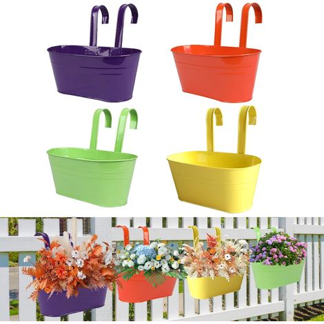 4pcs Pot à fleurs, Métal, Double crochet, Trou de drainage, Balcon Jardin (1/5)