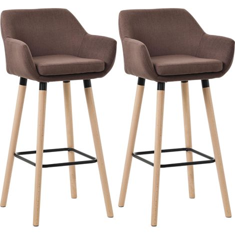 Juego de 2 taburetes de bar de diseño escandinavo, asiento de tela color café, patas de madera, reposapiés de metal 100004176 (1/5)