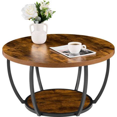 Table Basse Ronde, Table de Salon en Bois à 2 Niveaux, Meuble de Rangement Plateau de 80,5 cm, avec Rangement Ouvert, Structure Métallique Robuste et Minimaliste, pour Bureau Salon, Marron (1/5)