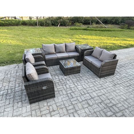 Fimous 7-Sitzer Gartenmöbelset Rattan Garten Sofa im Freien Sessel mit Gehärteter Glastisch 2 Beistelltischen Dunkelgrau Gemischt (1/5)