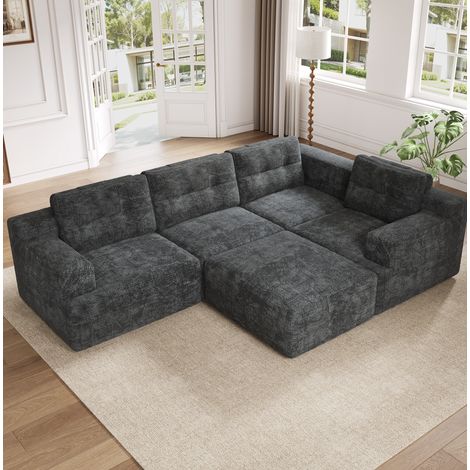 Modulares Sofa U-Form 252/180/82 cm in Grau aus Chenille mit Hocker, rahmenlose Vollschaum-Konstruktion (1/5)