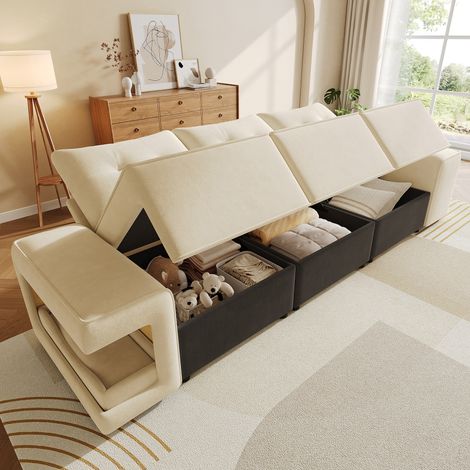 Canapé convertible 3 places design nuage, accoudoirs épais, coffre de rangement, niche moelleuse pour chien, 2 coussins inclus – parfait pour salon ou studio, teinte sable. (1/5)