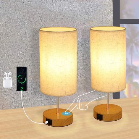 ACKERMAN Lampe de chevet tactile, lot de 2 – lumière blanche chaude réglable, abat-jour en tissu, charge USB, design rond, pour chambre, salon, décoration moderne (1/5)