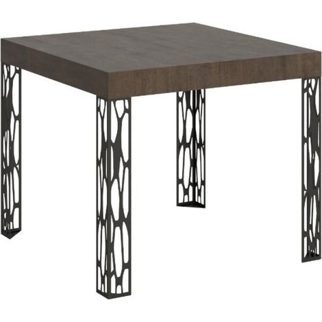 Petite table carrée 90/90 cm extensible 10 personnes 90 à 246 cm bois foncé et pieds métal gris foncé Gisa (1/5)