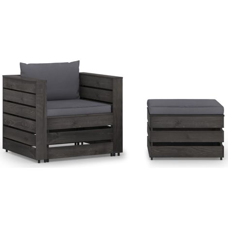 2-tlg. Garten-Lounge-Set mit Kissen Grau Imprägniertes Holz