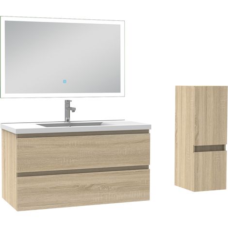 Ensemble meuble de salle de bain 100cm, vasque céramique + colonne bas + miroir lumineux, chêne