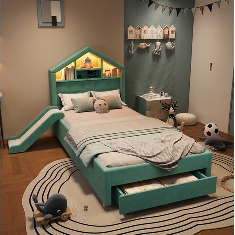 Lit enfant 90x200 cm cabane avec toboggan réversible, LED, 1 tiroir, port de charge et rangement, velours beige (1/5)