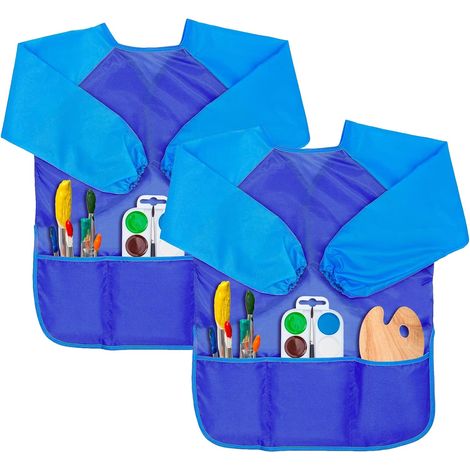 2 pcs tablier de peinture pour enfants, 8-10 ans tablier d'art pour enfants étanche avec manches et 3 poches, bleu (1/5)