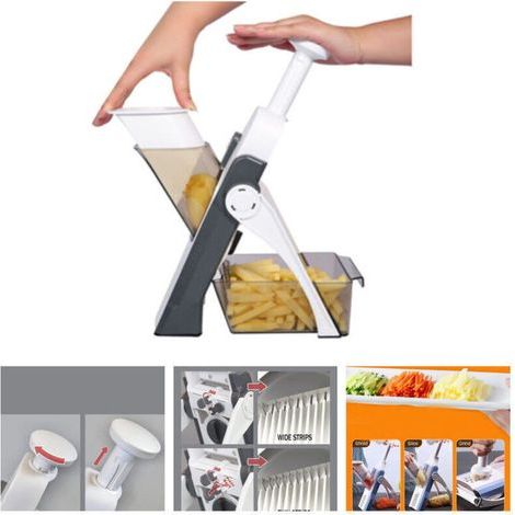 Mandolina de cocina, rebanadora de seguridad multifuncional, cortador de verduras todo en uno con cuchilla de acero inoxidable, para juliana, cubos, corte de patatas fritas y zanahorias, color gris (1/3)