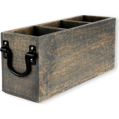 Panier à couverts à 3 compartiments, porte-ustensiles, boîte de rangement pour cuisine, argenterie, couverts, cuillère à sauce, pinces, et plus encore, panier en bois de manguier délavé gris (1/5)