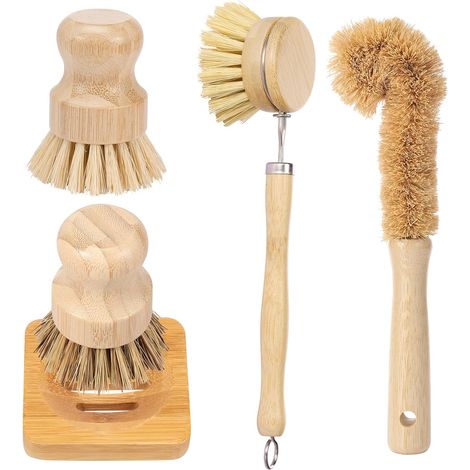 Set di 5 spazzole per piatti in legno, tra cui una spazzola per piatti con manico, una spazzola per bottiglie, una spazzola con manico lungo e 2 spazzole per piatti in legno con supporto quadrato per 