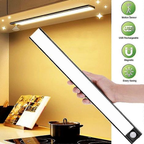 Bandeau lumineux LED sans fil avec détecteur de mouvement PIR rechargeable par USB pour placard ou armoire couleur argent 20 cm blanc chaud 3000K (1/5)