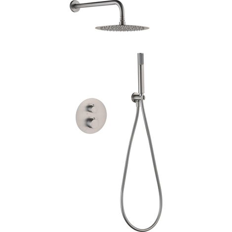 Ensemble de douche mural encastré WAVE thermostatique - Tête de douche murale Nickel brosséCanon de fusilOr brosséOr rose brosséNoir matChroméNickel