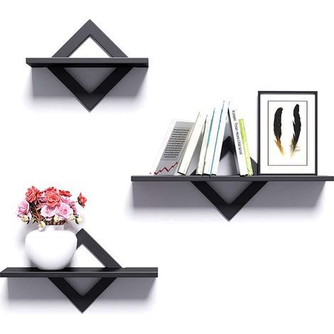 Wall Shelves Set of 3, Stable Wooden Floating Shelves Ideal for Living Room, Bedroom, Hallway, Kitchen, The Shelf Can Be Loaded Up to 9 Kg, Length 27/34/42cm (Black) (1/5)
