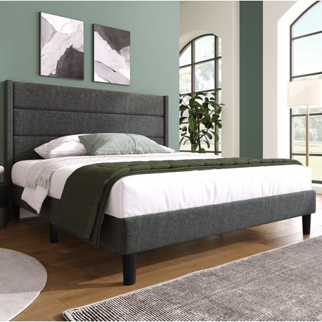 Lit double adulte 140x200 cm en tissu lin gris foncé, facile à monter pour chambre FloraGrace (1/5)