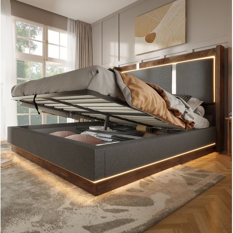 Cama doble 160x200 con somier, LED y arcón hidráulico, lino gris y nogal, sin colchón (1/5)