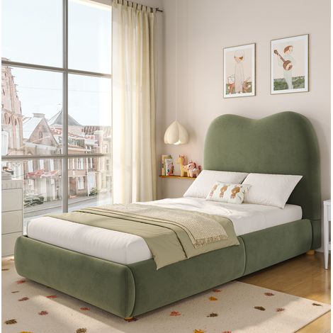 DESVIAE Lit enfant rembourré avec rangement sommier à lattes tête de lit velours vert 90 x 200 cm (1/5)