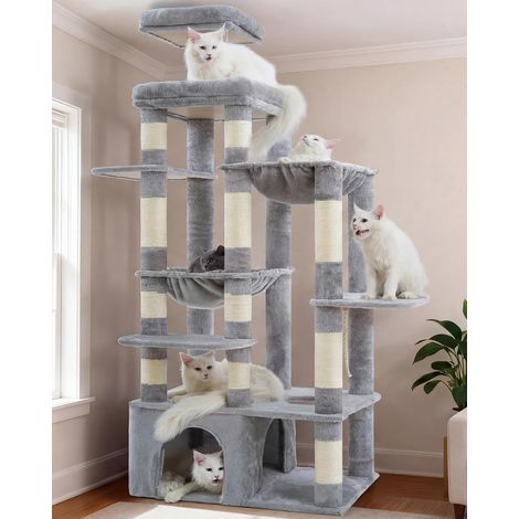 Arbre À Chat, 180cm De Haut avec Base Stable, Plateforme XL, Grande Maison pour Chat, 2 Hamacs, Meubles pour Chats À Plusieurs Niveaux pour Les Chats du Maine, Gris Clair HCT037W (1/5)
