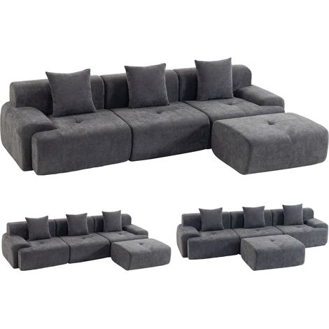 Canapé d'angle modulable 3 places - HOMCOM - compressé - avec pouf, assise profonde, 3 coussins - chenille - 300x180x82cm - gris (1/5)