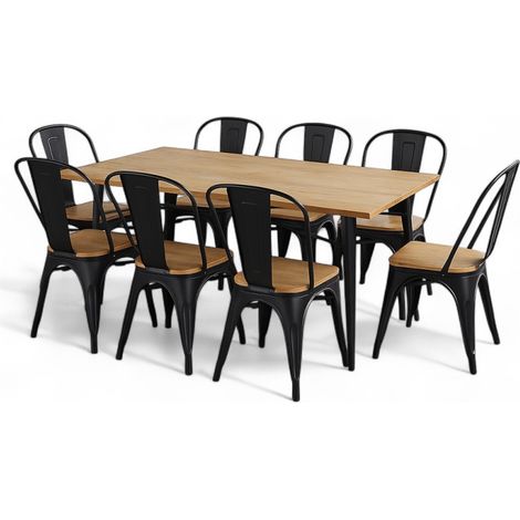 Ensemble Table et Chaises Style Industriel, Métal Noir Mat et Bois Naturel clair, 160x80 cm