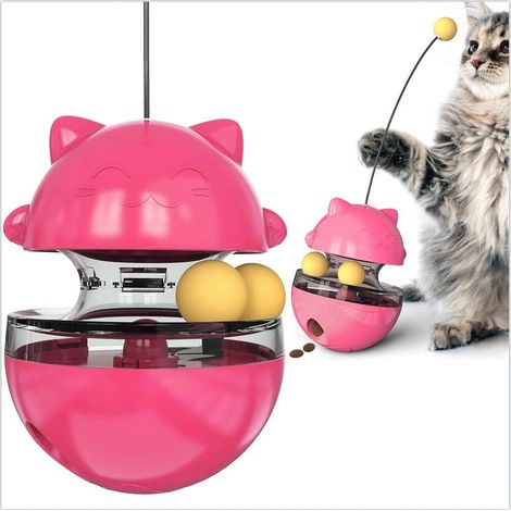 Juguete dispensador de comida Lucky Cat con función de goteo y agitación. Interactúa con el dueño. Mejora la inteligencia y alivia la ansiedad. Juguete para mascotas (Carmín). (1/4)