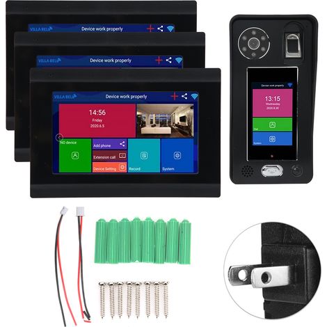 Sonnette vidéo sans fil 7 pouces LCD, interphone avec vision nocturne, reconnaissance faciale, empreinte digitale et mot de passe, prise US 100-240V (1/5)