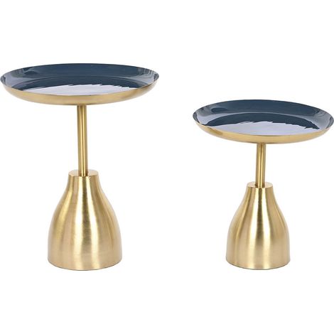 Set de 2 tables d'appoints rondes en fer coloris doré, bleu (1/3)