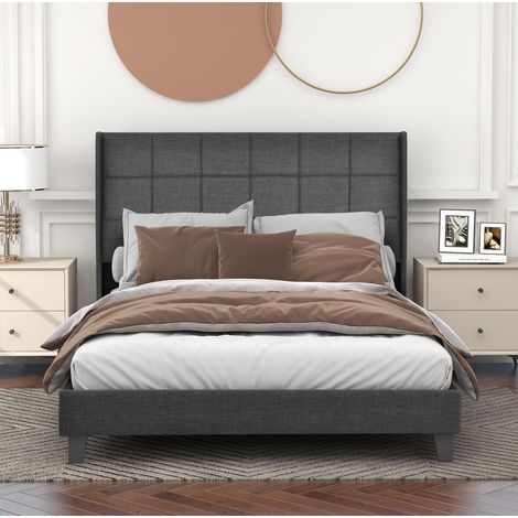 Cama tapizada de lino gris 140x200 cm con somier de láminas y colchón de muelles ensacados H3 incluido (1/5)